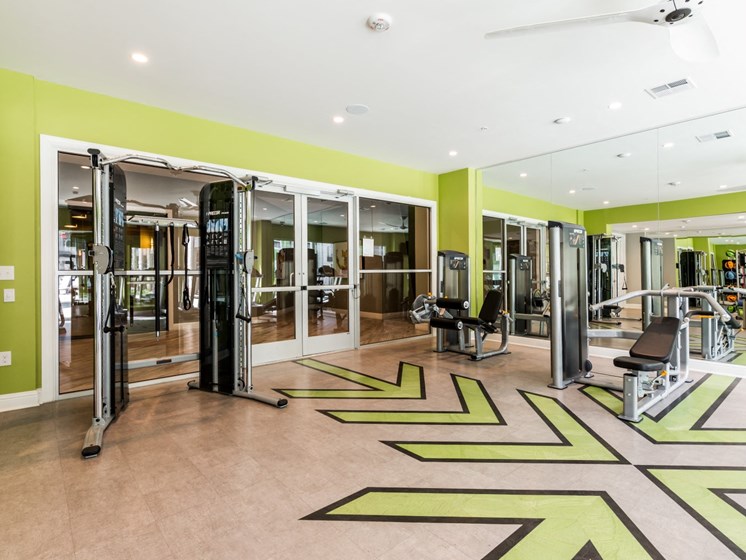 Weight machines, wood-style floors, and ceiling fans